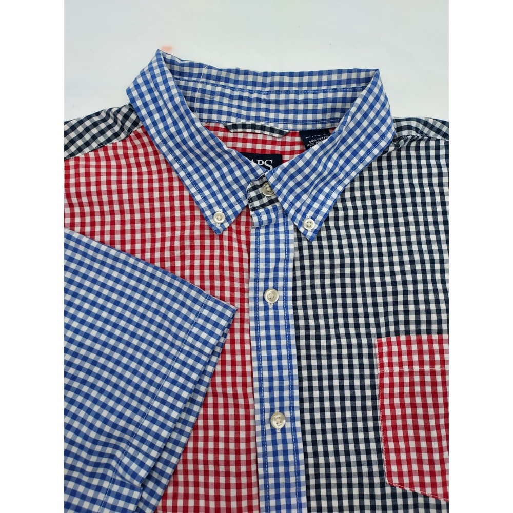 Chaps XL Gingham Checkered Short Sleeve Button‎ Up Shirt Red Blue Black